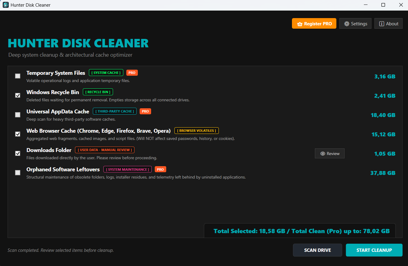 Hunter Disk Cleaner - Анализ областей хранения