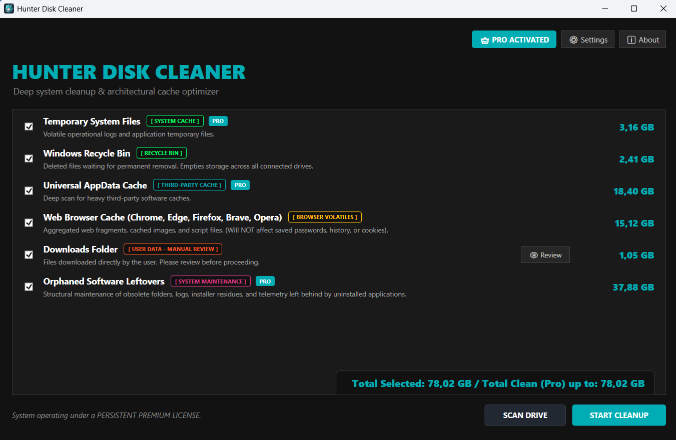 Hunter Disk Cleaner - Статус Pro
